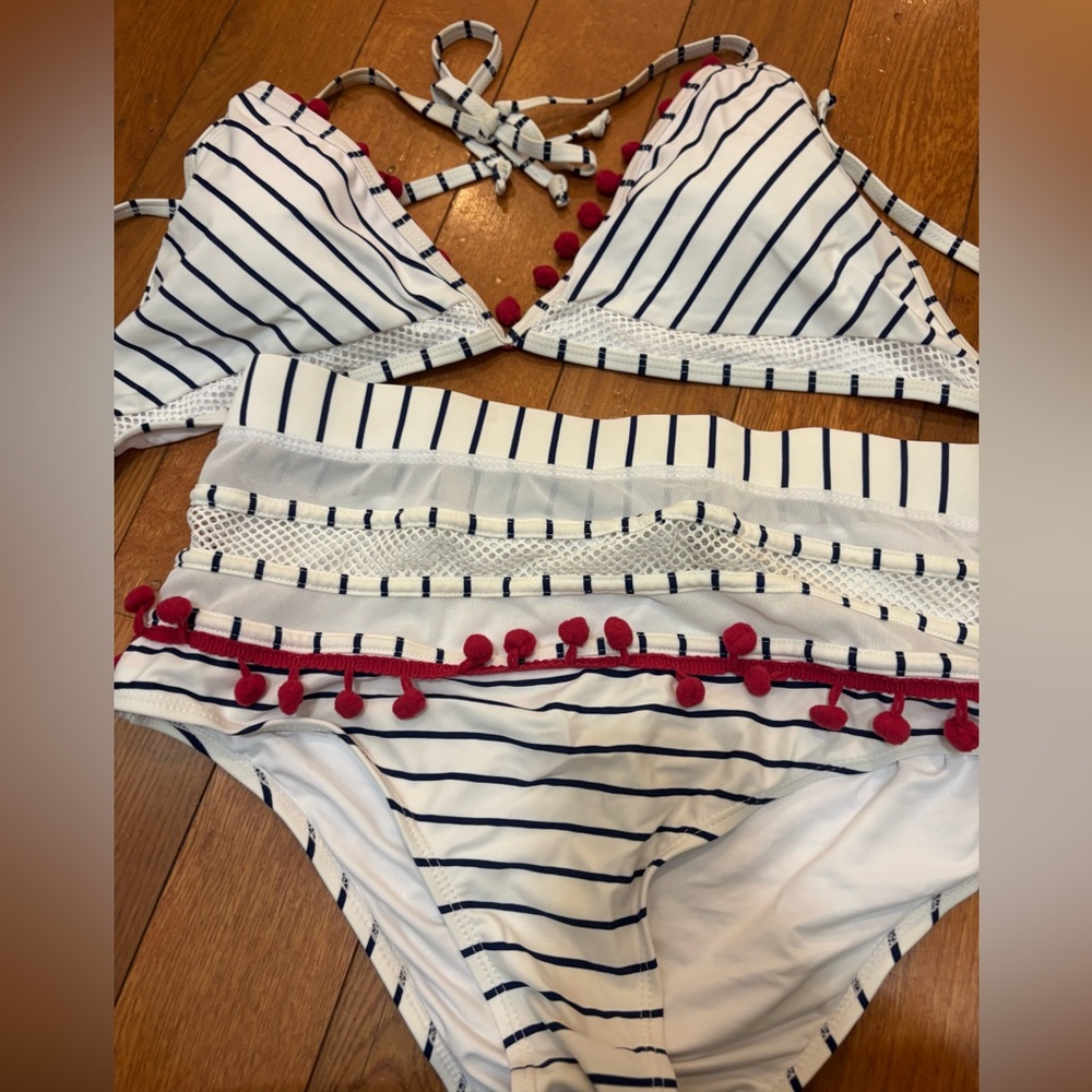 Striped White & Navy Bikini Set with Red Pom Trim